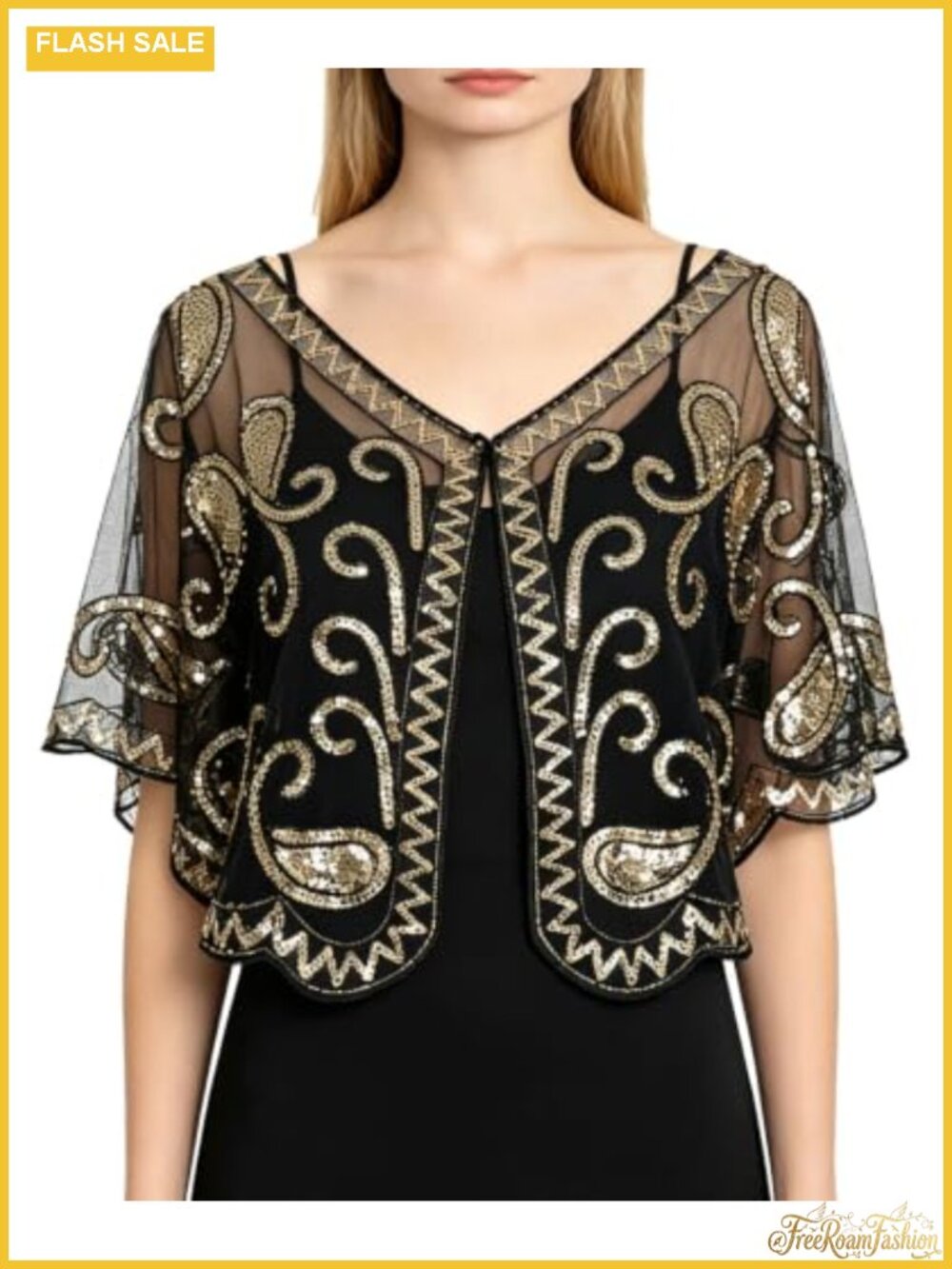 Womens Lace Chiffon Beaded Sequin Cape Shawl - Vintage 1920s Evening Formal